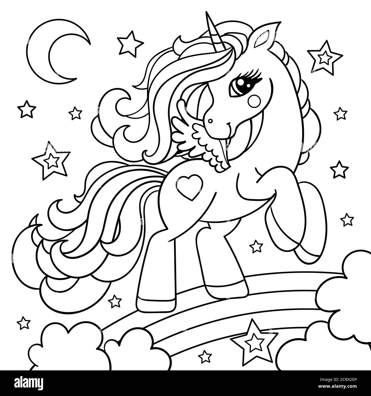Mignon dessin animé unicorn sur un arc-en-ciel. Animal fantastique. Noir et blanc, linéaire, image. Pour la conception de livres à colorier, imprimés, affiches, autocollants, tatt Illustration de Vecteur