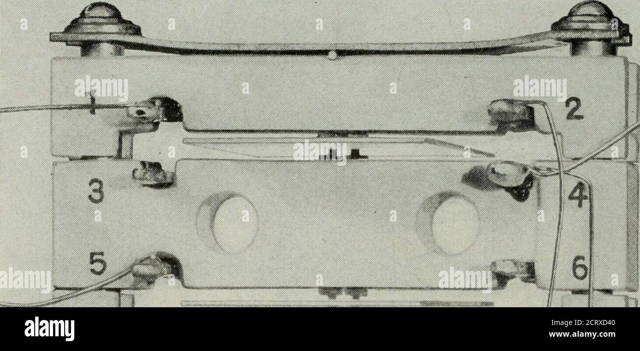. Le journal technique de Bell System . AXE MÉCANIQUE Y FIG. 4—orientation d'une plaque de quartz typique par rapport à ses axes électriques, mécaniques et optiques. Les contacts introduisent très peu d'amortissement, puisque le mode de vibration normalement employé est longitudinal, avec une amplitude maximale aux extrémités de la plaque et un nœud au centre. La configuration d'essai normalement utilisée se compose de deux oscillateurs avec un compteur disposé pour lire la différence TECHNIQUE Journal de 522 BELL entre leurs fréquences. Un oscillateur est contrôlé par la plaque de cristal en cours de réglage et fonctionne à sa fréquence de résonance; Banque D'Images
