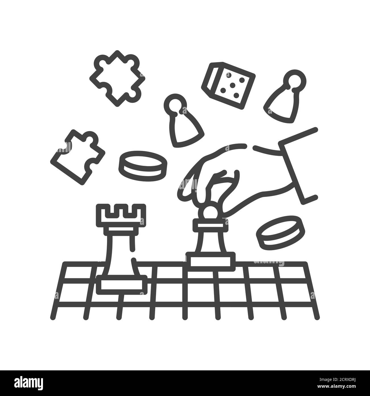 Jeu de société de l'icône de ligne noire d'échecs. Main tenant la figure d'échecs. Loisirs à la maison. Illustration vectorielle isolée. Contour modifiable. Illustration de Vecteur