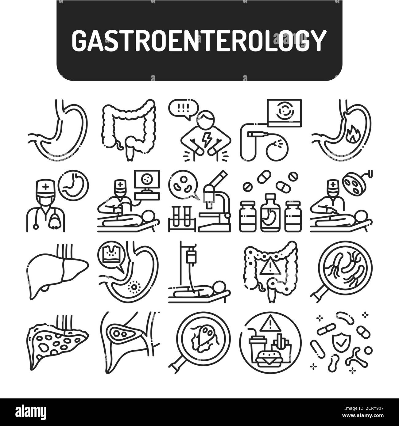 Ensemble d'icônes de la ligne noire de gastroentérologie. Examen médical abdominal. Pictogrammes pour le Web, l'application mobile, la promotion. Éléments de conception UI UX. Contour modifiable. Illustration de Vecteur