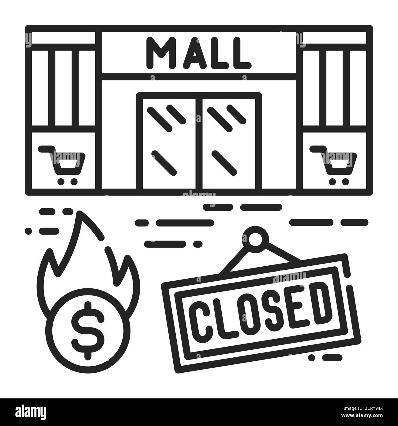 Icône de la ligne noire de fermeture du centre commercial. Le risque économique. Réduire les activités. Les marchés plongent. Inscrivez-vous pour accéder à la page Web, à l'application. Élément de conception UI UX GUI. Modifiable Illustration de Vecteur