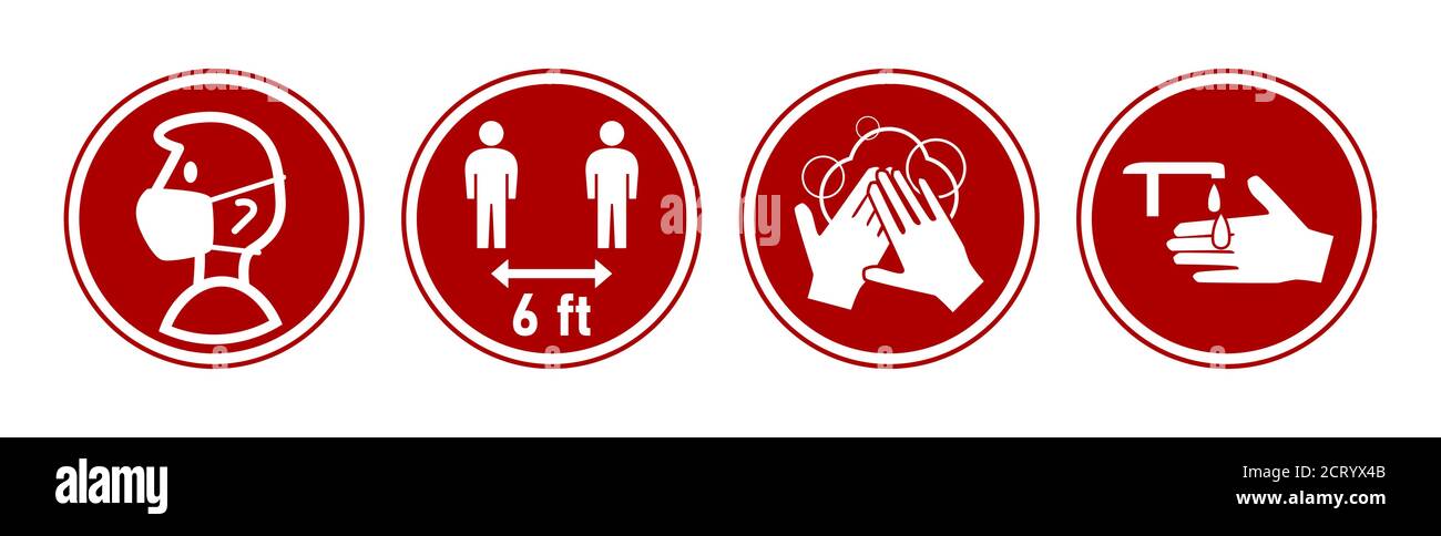 Rond coronavirus instructions signes, y compris porter un masque facial, garder votre distance 6 pieds ou 6 pieds, laver et désinfecter vos mains. Image vectorielle. Illustration de Vecteur