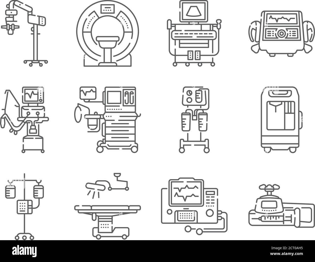 Jeu d'icônes noires de la ligne des appareils médicaux. IRM, appareil d'anesthésie, pompe à seringue, compte-gouttes, défibrillateur, panneaux pour la page Web, application mobile. Vecteur isolé Illustration de Vecteur