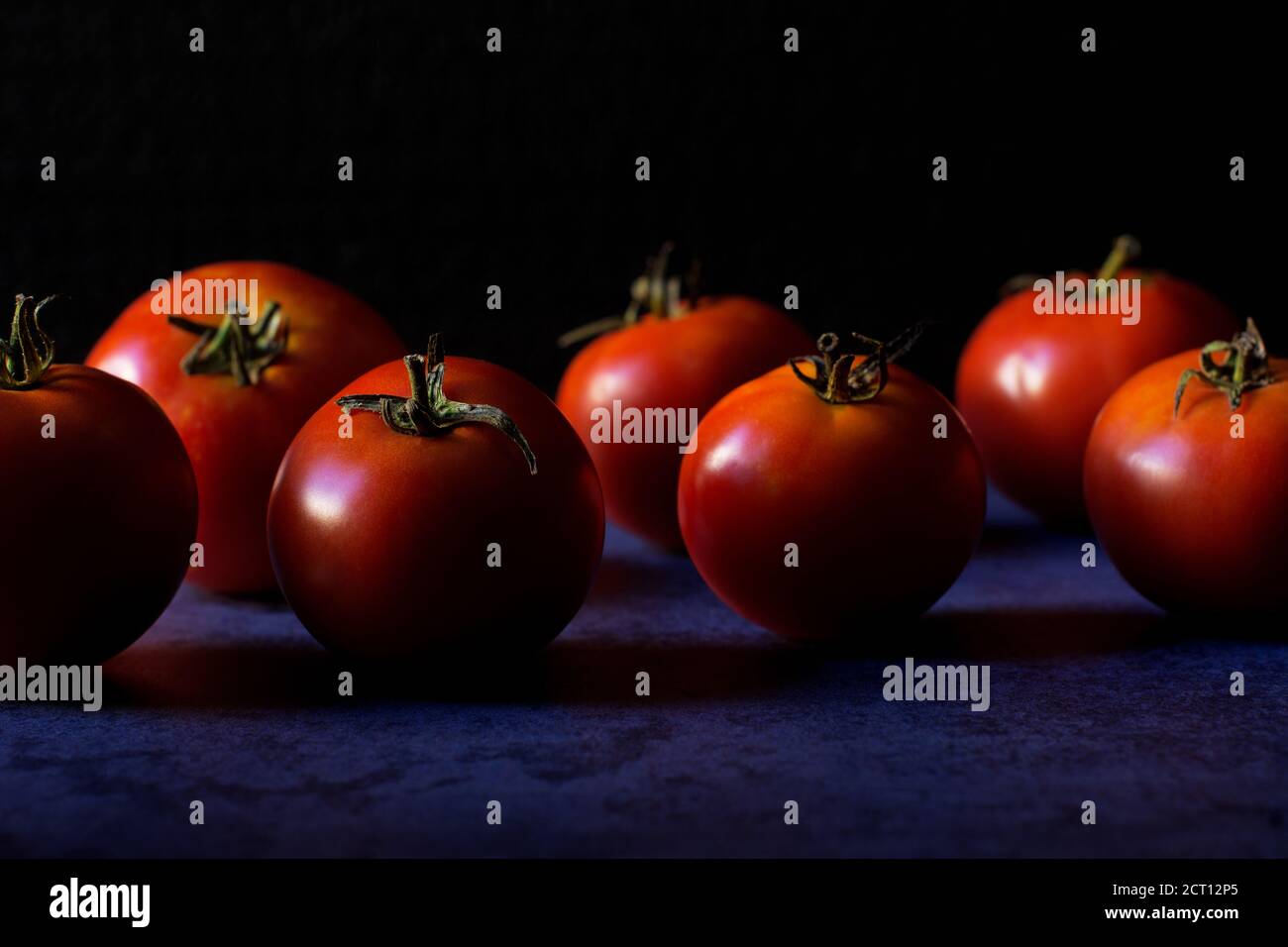 Les tomates rouges mûres reposent sur un fond bleu foncé. Mise au point sélective. Banque D'Images
