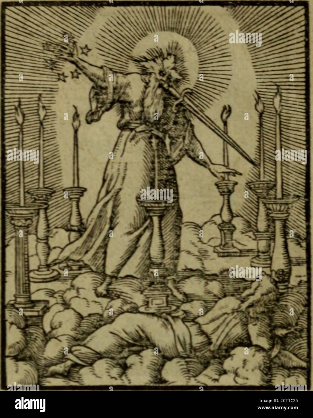 . Qvadrins historiqves de la Bible . Saint cPaul ejehappé du naufrage,Dedens yne /fie sdrrefta:Trint des fer mens pour le chaufrtge,2)bu failit VN Serpent fauuage,qui, mordant fa main, Iddenta:Mais, mal fans, au feu le getta. F i N. lors que faim lan en Tatmos exiloit*pour la libération conditionnelle, à laquelle ÇouloitRendre en tom lieux jurê témoignage:ZJiden Esprit des îdffUccion,ZJid les maleurs, Vid lexertracion,Quer doit t ^Anrijfa par. Apoca !... Saint lan Vidtout premier plan s v s s en long date : sept eftciles en Ja main dextre, sept chandeliers dor il Vid e[lreAutour de Banque D'Images