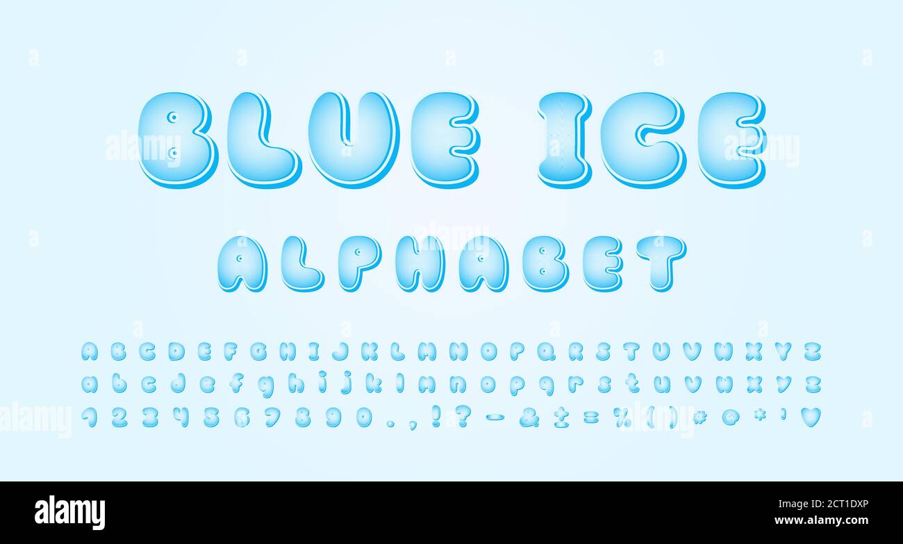 Alphabet à vecteur de glace bleu. Police bulle de dessin animé avec dégradé bleu ciel. Lettres et chiffres surgelés pour cartes, affiches, bannières sur le thème de l'hiver. Illustration de Vecteur