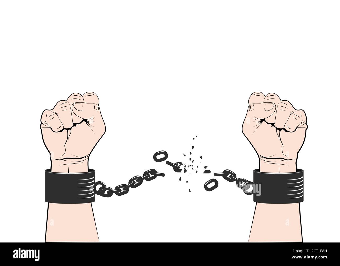 Deux mains se sont accrochée dans des chaînes déchirants ou plus humides. Symbole de la révolution et de la liberté. Concept de liberté. Vecteur Illustration de Vecteur