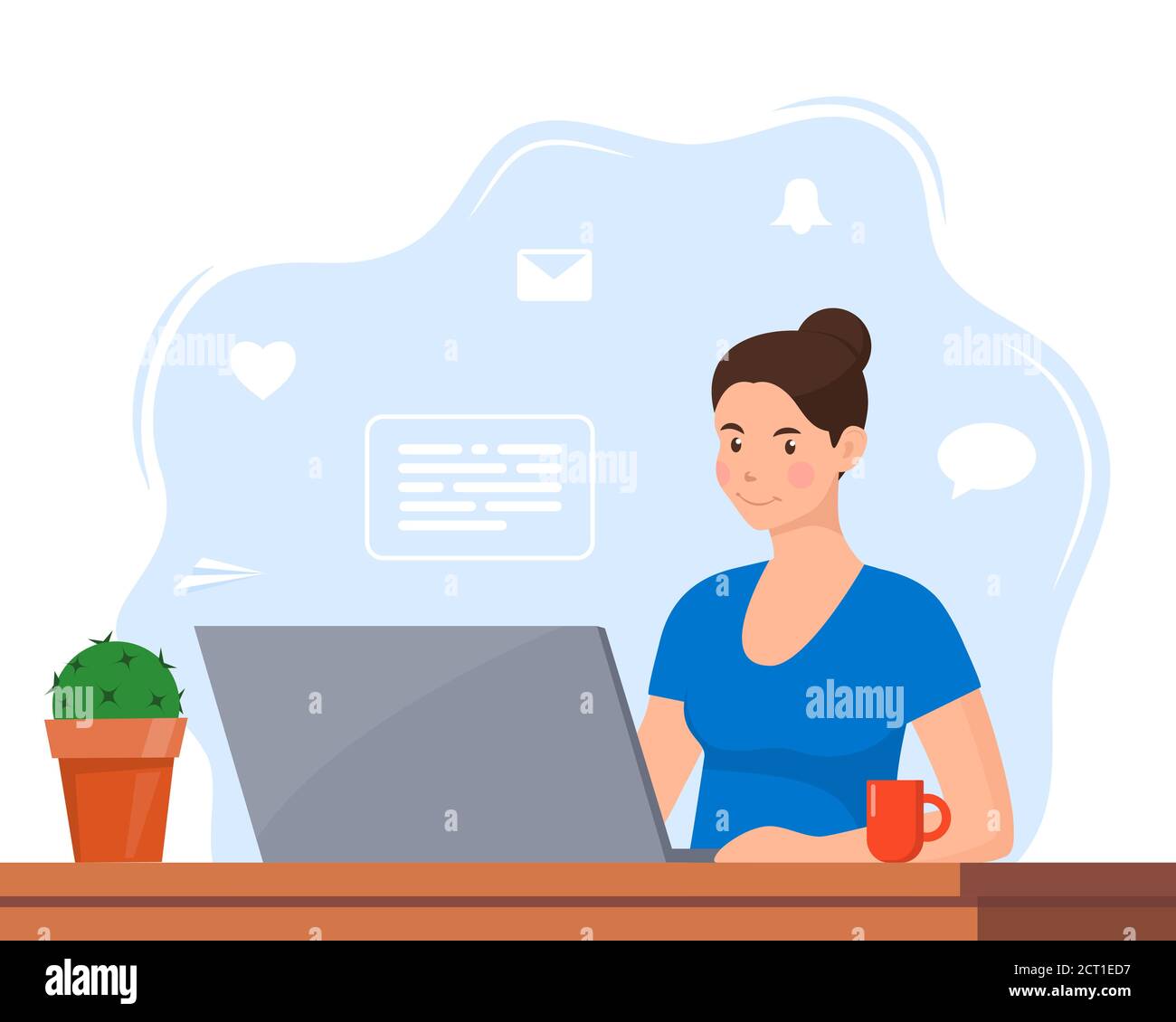 Jeune femme travaillant sur un ordinateur portable au bureau à domicile. Travailleur indépendant au travail, travail à distance. Jeune femme assise à un bureau avec un ordinateur portable et une tasse de café. Style plat Illustration de Vecteur