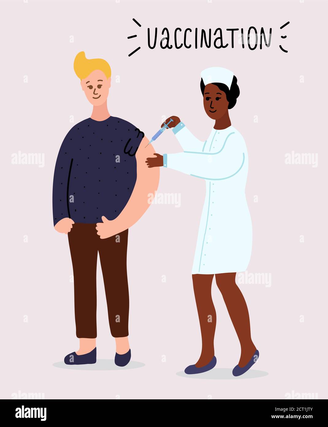 Une infirmière noire africaine vaccine l'homme du caucase. Vaccination de routine. Protection contre la grippe, coronavirus. Seringue, uniforme. Illustration du vecteur de dessin animé Illustration de Vecteur