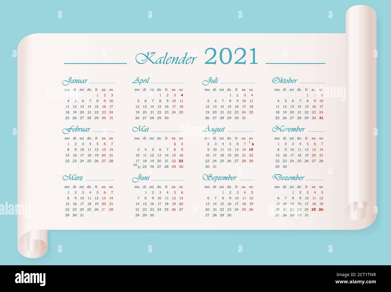 Modèle de calendrier 2021 en allemand. 12 mois avec événements de vacances mis en évidence. La semaine commence le lundi. Calendrier horizontal Vector modifiable Illustration de Vecteur