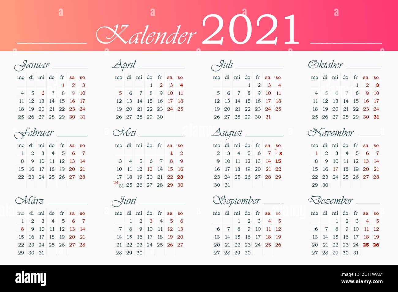 Modèle de calendrier 2021 en allemand. 12 mois avec événements de vacances mis en évidence. La semaine commence le lundi. Calendrier horizontal Vector modifiable. Illustration de Vecteur