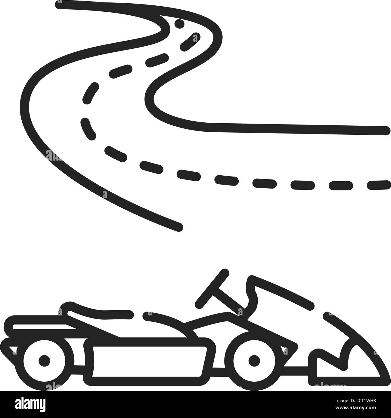 Icône de ligne noire de karting sur fond blanc. Sport extrême. Course sur la piste dans une simple voiture de course. Pictogramme pour page Web, application mobile, Promo. IU Illustration de Vecteur
