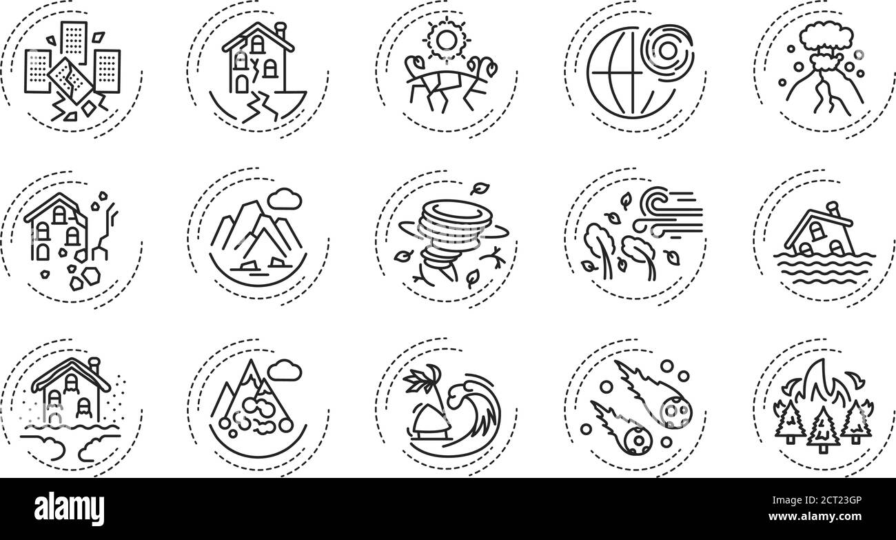 Icônes de la ligne noire des catastrophes naturelles définies. Un événement indésirable majeur résultant des processus naturels de la Terre. Pictogramme pour page Web, application mobile, Promo Illustration de Vecteur
