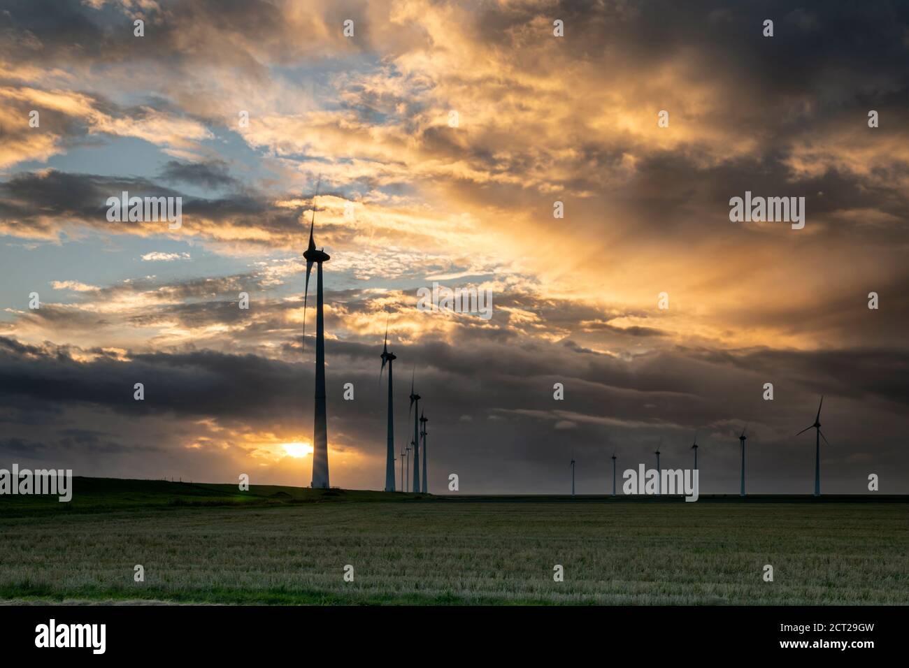 Magnifique coucher de soleil sur les éoliennes, Hollande Banque D'Images