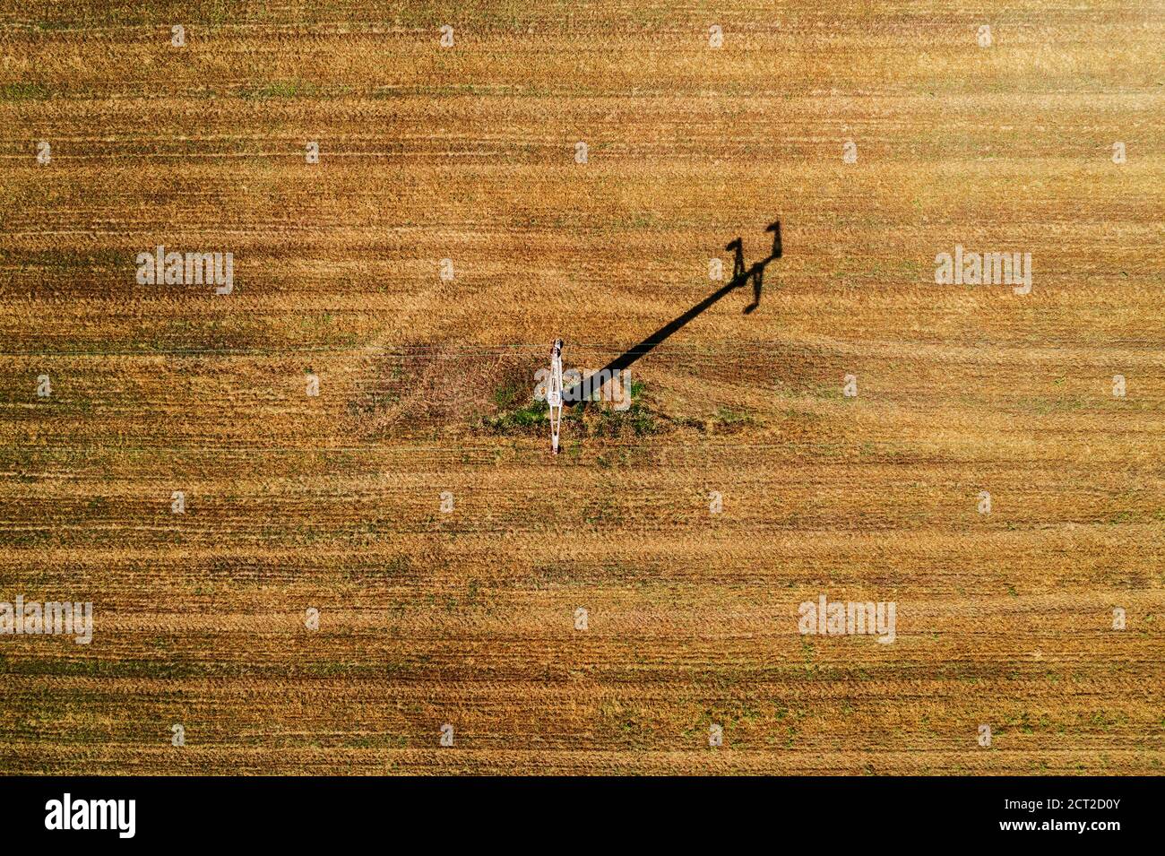 Vue aérienne du pylône électrique dans le moulage de blé récolté ombre longue sur le sol Banque D'Images