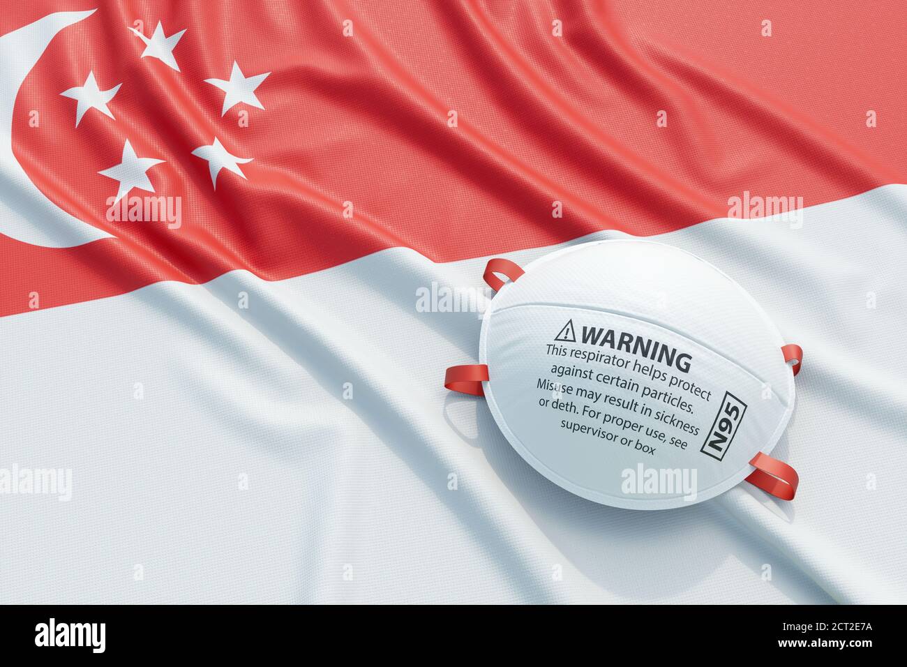 Coronavirus médical masque chirurgical sur le drapeau national singapourien. Maladie, pandémie, virus covid-19 à Singapour, concept 3d rendu illustraa Banque D'Images
