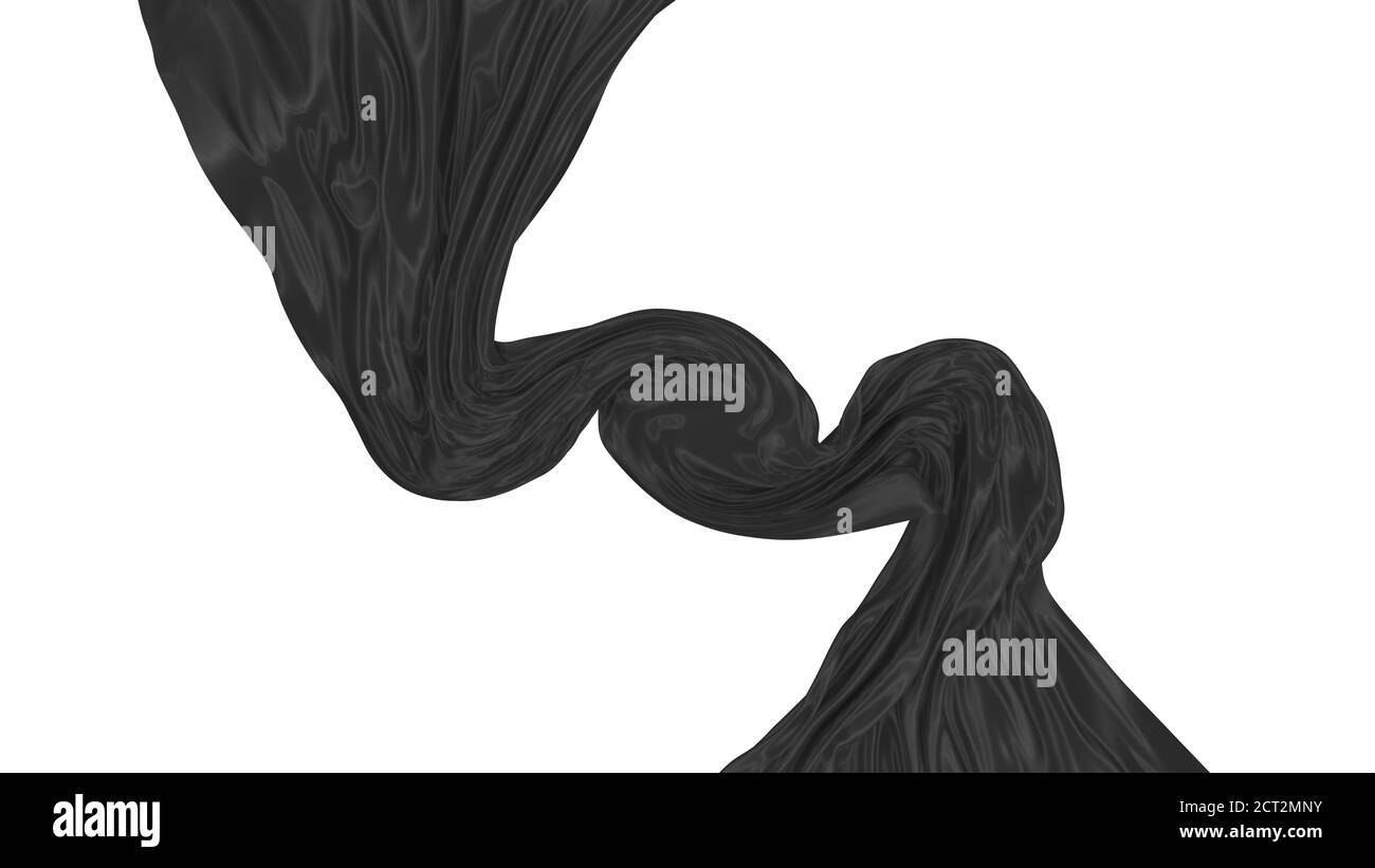 Magnifique tissu fluide volant dans le vent. Soie ondulée noire ou satin. Elément abstrait pour la conception. Image de rendu 3D. Image isolée sur un dos blanc Banque D'Images