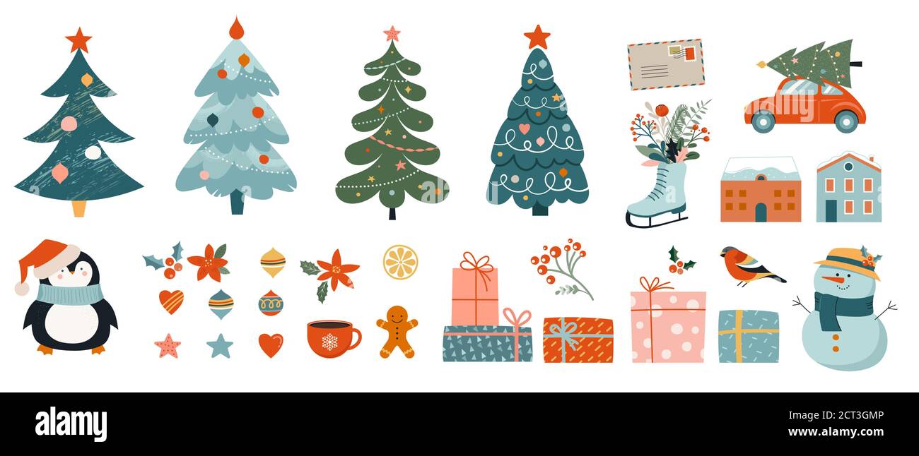 Collection de décorations de Noël, cadeaux de vacances, vêtements de laine tricotés d'hiver, pain de gingembre, arbres, cadeaux et pingouin. Vecteur coloré Illustration de Vecteur