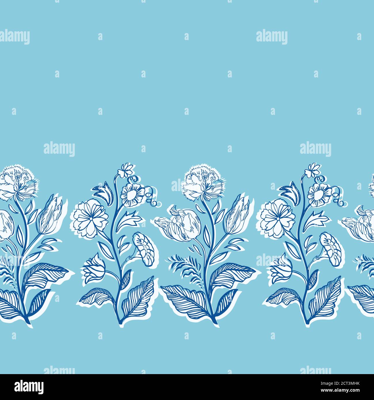 Bordure botyque bleue rétro à motif floral antique. Cuisine vintage, bouquet de fleurs dessiné à la main. Motifs de dessin au trait sur fond bleu découpé. Arrière-plan élégant de la nature. Perefect pour la cuisine, le papier peint et l'emballage cadeau. Illustration de Vecteur