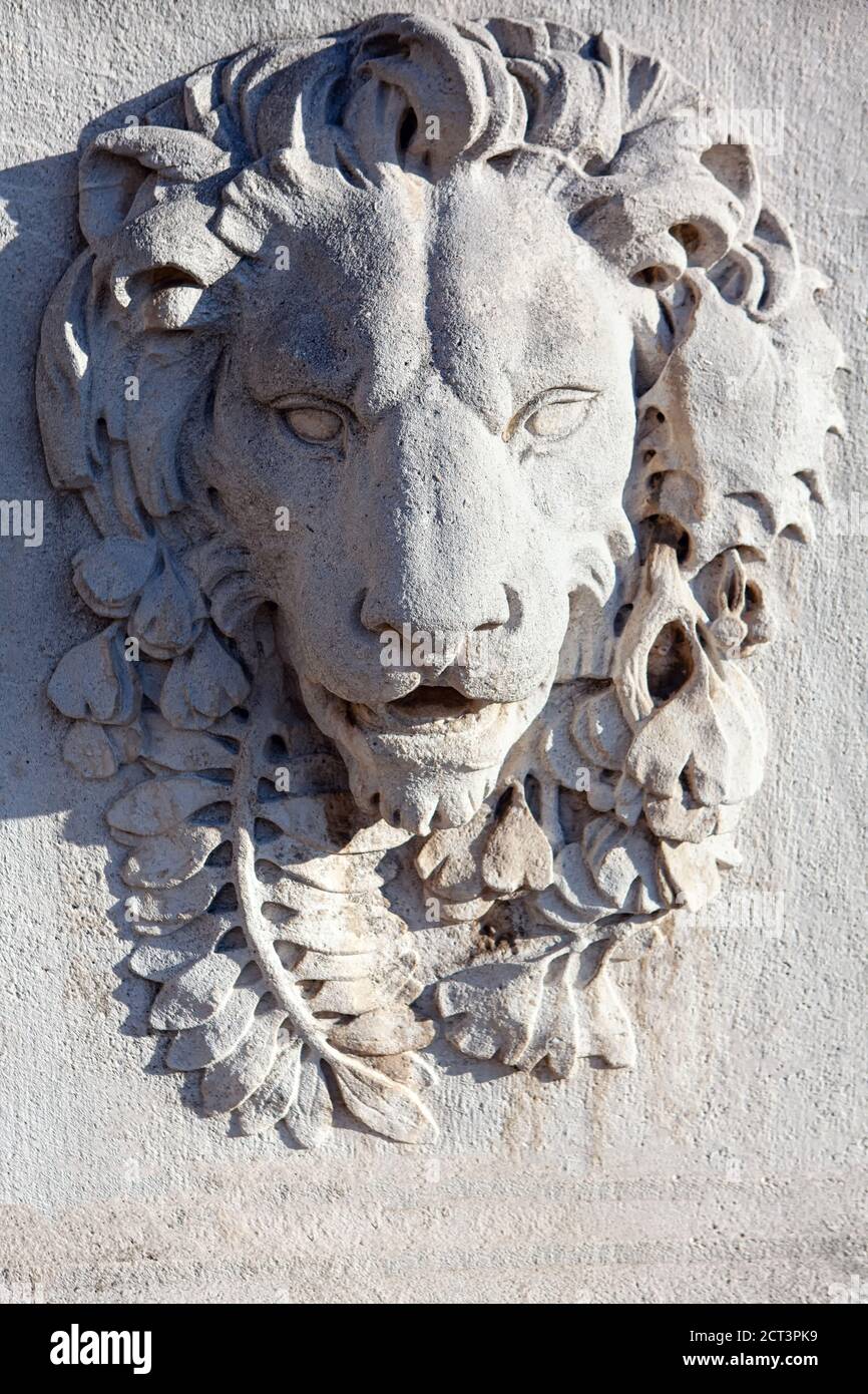 Bas relief du lion . Sculpture animale sculptée dans un mur Banque D'Images