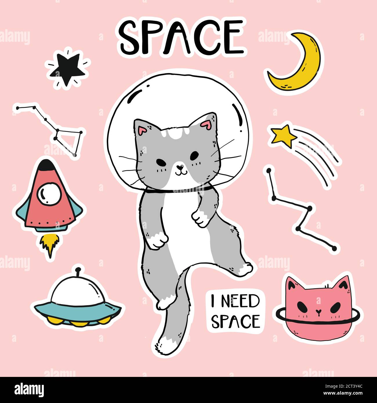 Mignon Happy Cat astronaute dans l'ensemble d'autocollants galaxies, chat gris dans la mouche de casque, idée pour sublimation, fichier coupé, carte de voeux, autocollant, journal, balle plann Illustration de Vecteur