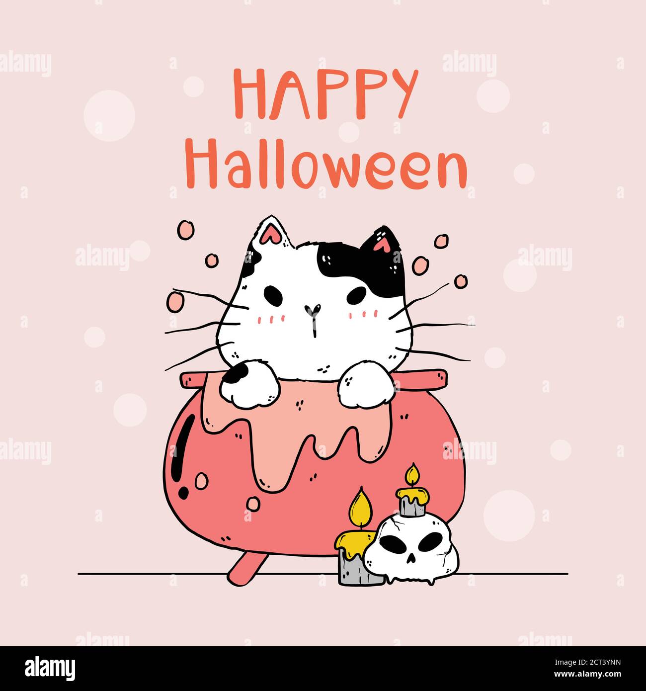 Mignon chat Halloween en pot de poison avec crâne de chat et bougie, drôle chat kitty clip art avec silhouette pour carte de voeux, sublimation, autocollant Illustration de Vecteur