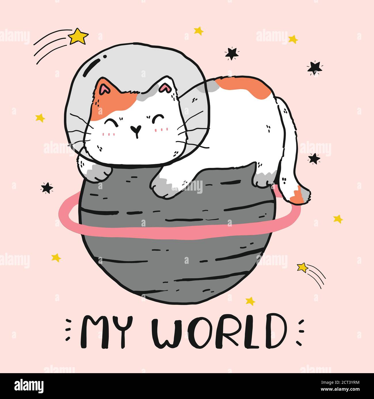 mignon gros chat assis sur le monde, le monde de chat, mon monde, drôle chat clip art pour l'autocollant, sublimation, carte de voeux, autocollant, imprimable numérique Illustration de Vecteur