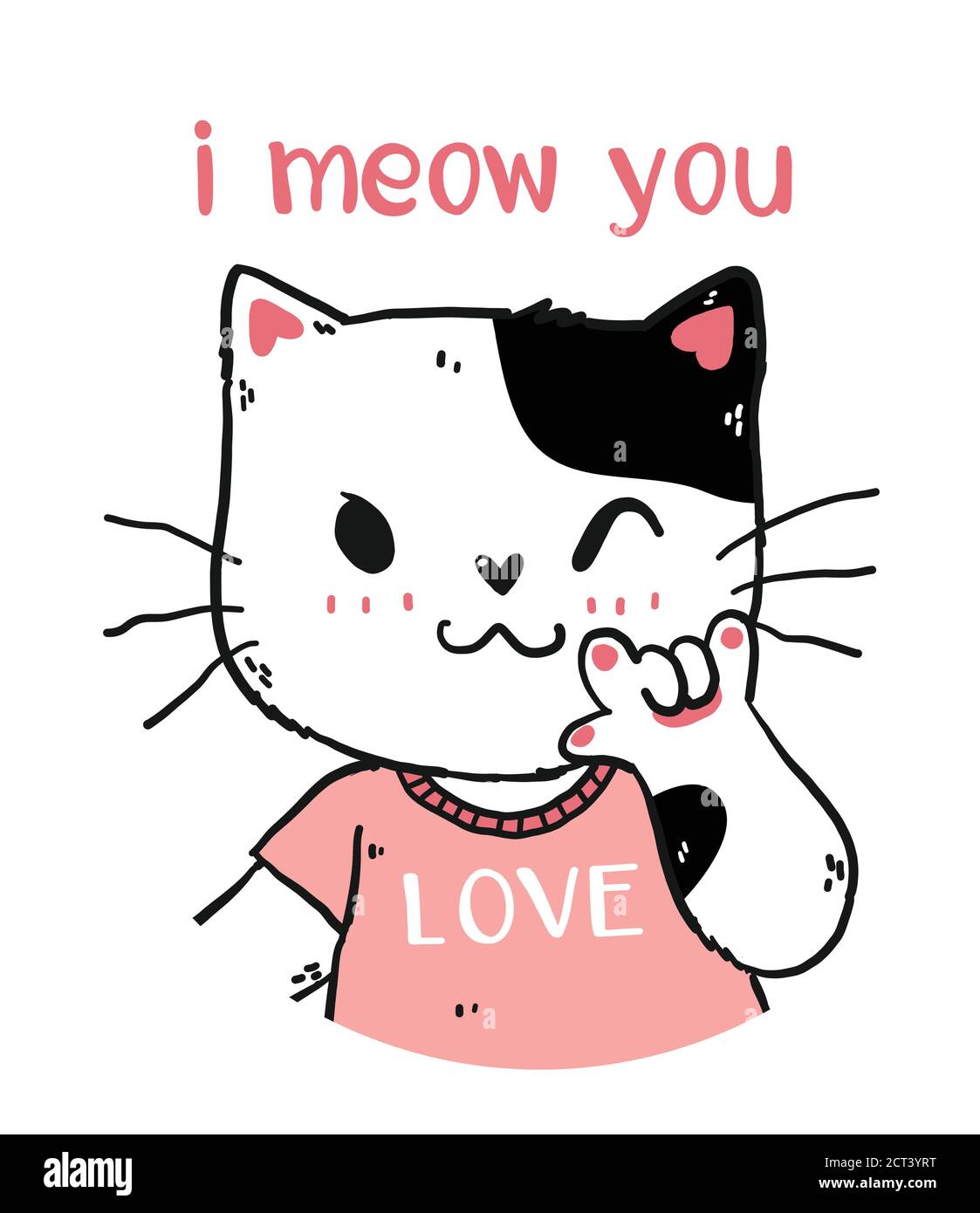 mignon heureux blanc et rose chat je vous méprends avec l'amour vous main gestuelle signalisation portrait moitié corps doodle dessin animé vecteur plat pour l'art de la nuresery, salutation c Illustration de Vecteur