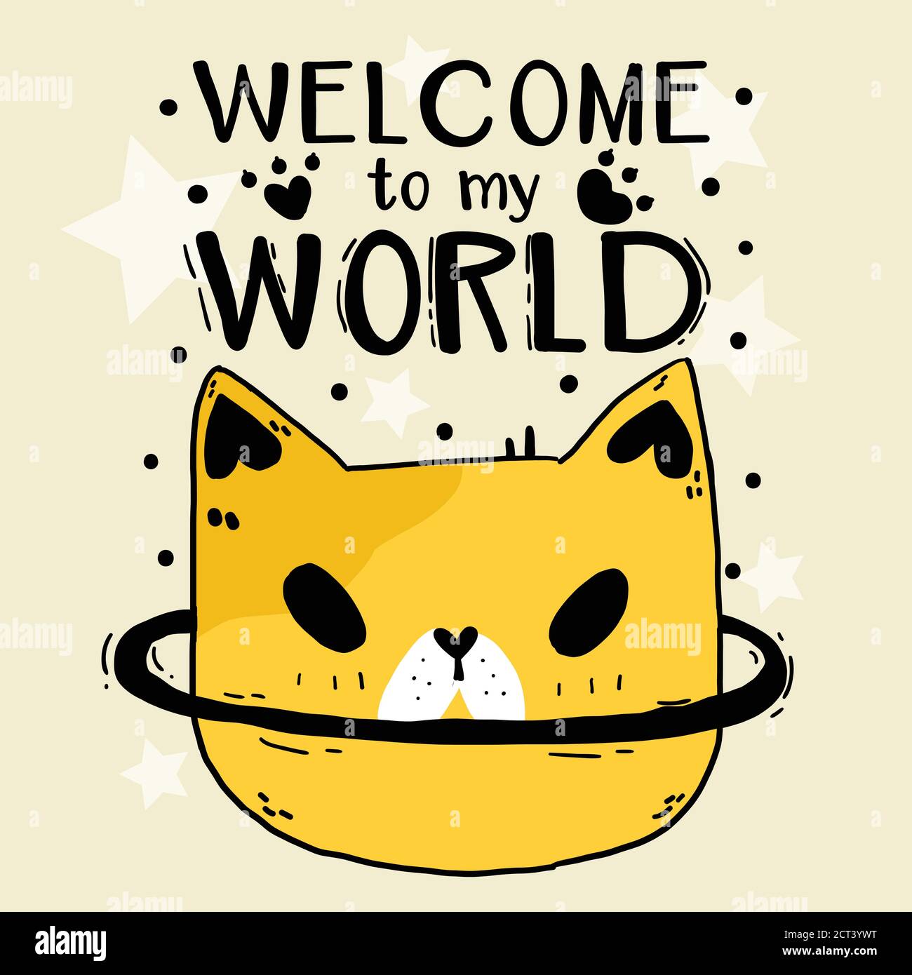 adorable doodle drôle tête de chat star bienvenue dans mon monde, idée pour sublimation, carte de voeux, fichier coupé, impression, imprimable, t shirt, dessin animé pour enfant Illustration de Vecteur