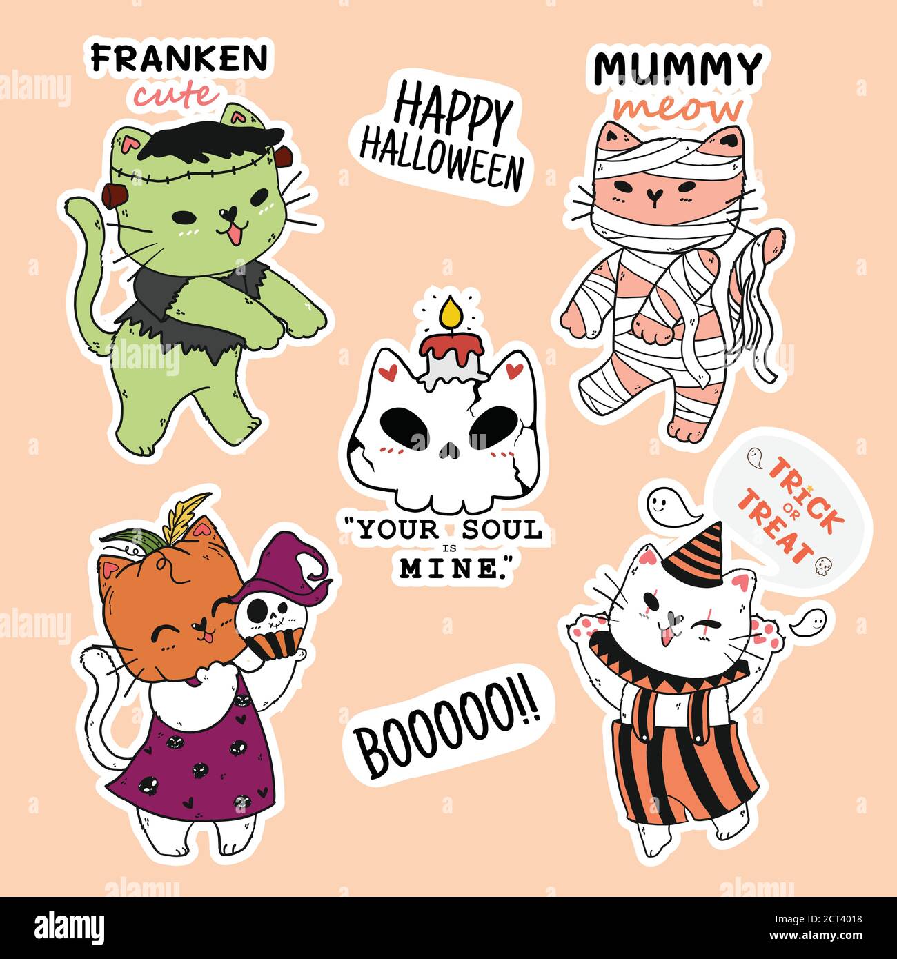 Collection de stickers pour Halloween de chat mignon, Frankenstein, tête de citrouille, momie, contour de doodle, idée pour l'autocollant, sublimation, journal, planificateur, imprimable Illustration de Vecteur