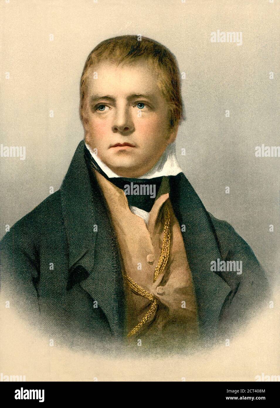 1800 c ,GRANDE-BRETAGNE : l'écrivain écossais Sir WALTER SCOTT ( 1771 -  1832 ), auteur d'IVANHOÉ ( 1819 ). Peintre inconnu , pubbligé en  photochrome en 1903 ca .- SCRITTORE - ROMANTICISMO -