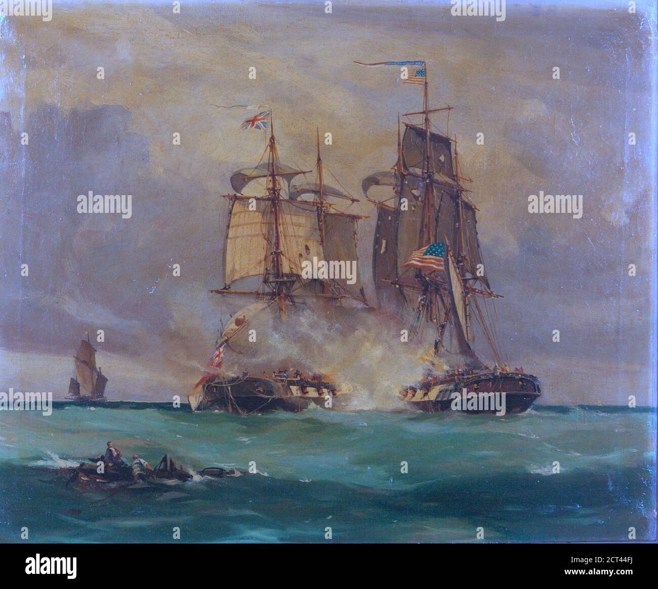 Scène de bataille dans la Manche entre le navire américain 'Wasp' et le brigue anglais 'Reindeer' par Thomas Whitcombe, 1812, huile sur toile, 30 x 20 pouces Banque D'Images