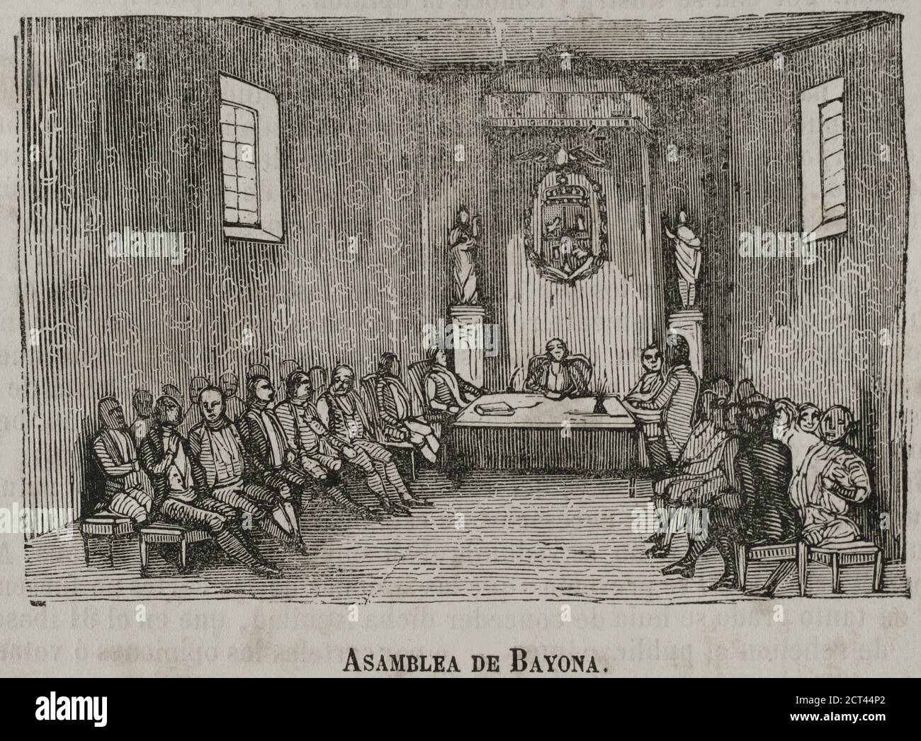 Asamblea de Bayona. Runión convocada por Napoleón, en la Ciudad francesa de Bayona, el 15 de junio de 1808. TRAS la abdicación de Fernando VII y Carlos IV, y cedido el trono de España a su hermano José Bonaparte, la Asamblea dictaminó el anteproyecto de constitución que, tras convertirse en ley, juró José Bonaparte el 7 de julio de 1808, el mismo día de la ausclura. Grabado. Historia del Levantamiento, Guerra y Revolución de España, por el conde de Toreno. Madrid, 1852. Banque D'Images