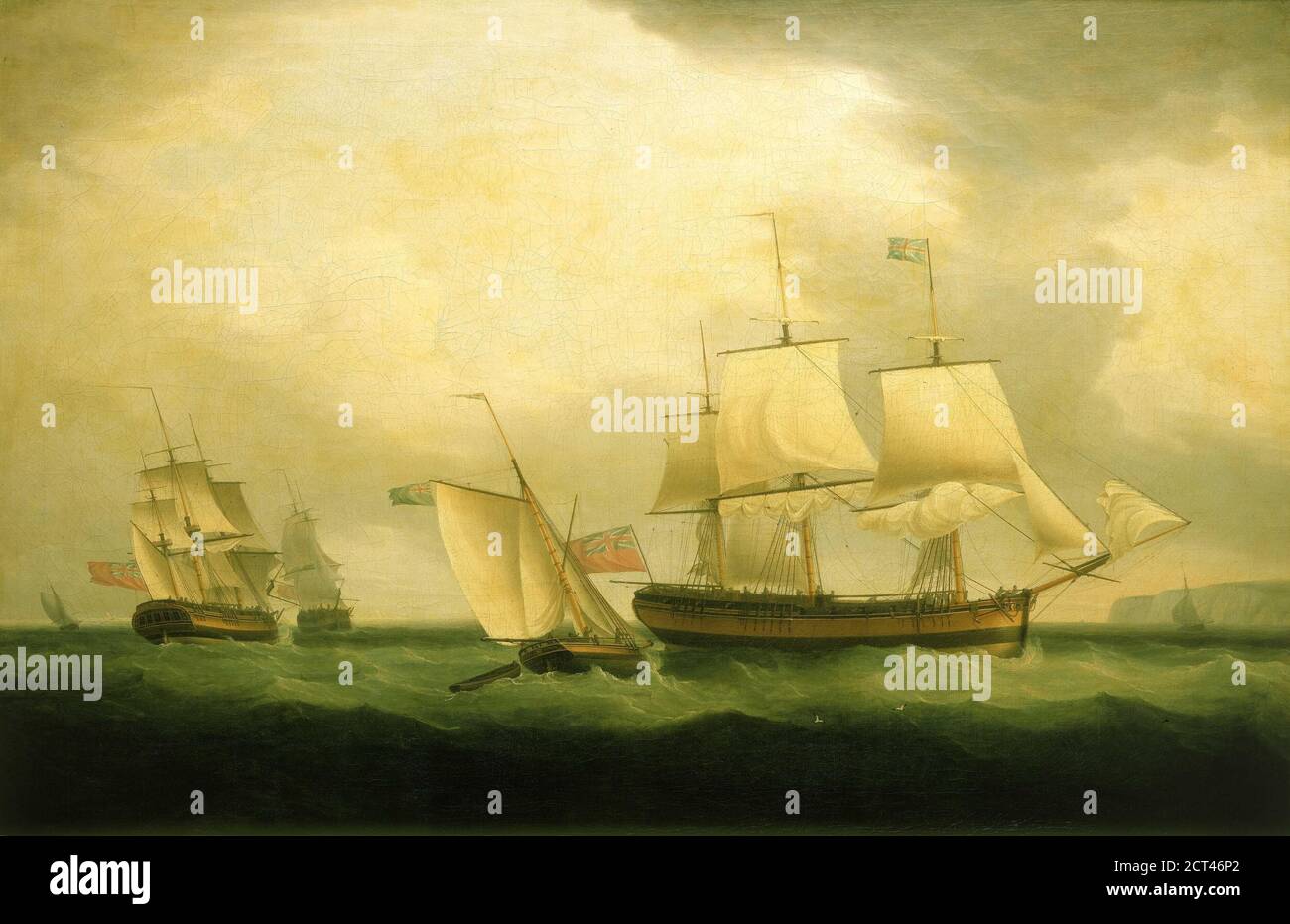 La Cutter Mary Ann et HMS Sylph. Le navire était une boucle qui a été lancée en septembre 1795. La peinture commémore probablement la mise en service du ‘Myph’. Elle est montrée dans les Downs en vue grand-côté, en volant l'enseigne rouge. Il peut s’agir d’un portrait de navire avec le navire en vue de la poupe et de l’arc sur la gauche. Partie de la marine de Nelson en 1805, elle servait à la station Guernesey et était probablement impliquée dans des raids sur la côte française pour perturber les préparatifs de l’invasion de l’Angleterre. La peinture est signée et datée de 1795. Par Thomas Whitcombe (peut-être le 19 mai 1763 – c. 1824) était un pro Banque D'Images