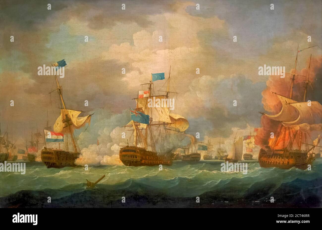 La bataille de Camperdown (connue en néerlandais sous le nom de Zeeslag bij Kamperduin) a été une action navale majeure menée le 11 octobre 1797 entre la flotte britannique de la mer du Nord sous l'amiral Adam Duncan et une flotte de la marine Batavienne (néerlandaise) sous le vice-amiral Jan de Winter. La bataille a été l'action la plus importante entre les forces britanniques et néerlandaises pendant les guerres révolutionnaires françaises et a abouti à une victoire complète pour les Britanniques. Par Thomas Whitcombe (peut-être le 19 mai 1763 – c. 1824) était un éminent peintre maritime britannique des guerres napoléoniennes. Parmi ses travaux figurent plus de 150 actions de la Marine royale, et il e Banque D'Images