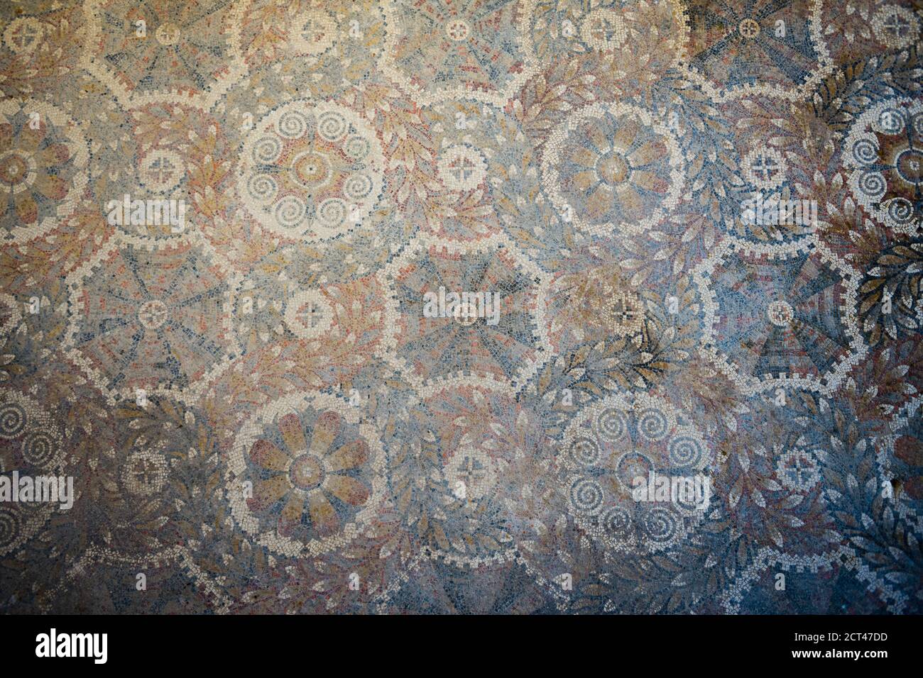 Villa Romana del Tellaro, mosaïque de motifs à la vieille maison près de Noto dans le sud-est de la Sicile, Italie, Europe Banque D'Images