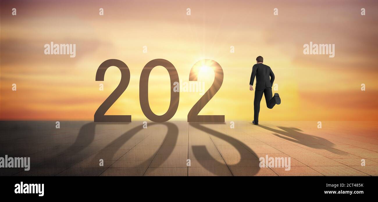 Happy New Year 2021 tendance concept.Graduate homme courir au numéro 2021 dans la nouvelle année de l'espoir , début, nouvel emploi commencer la nouvelle vie avec 2021 Sunrise backgr Banque D'Images