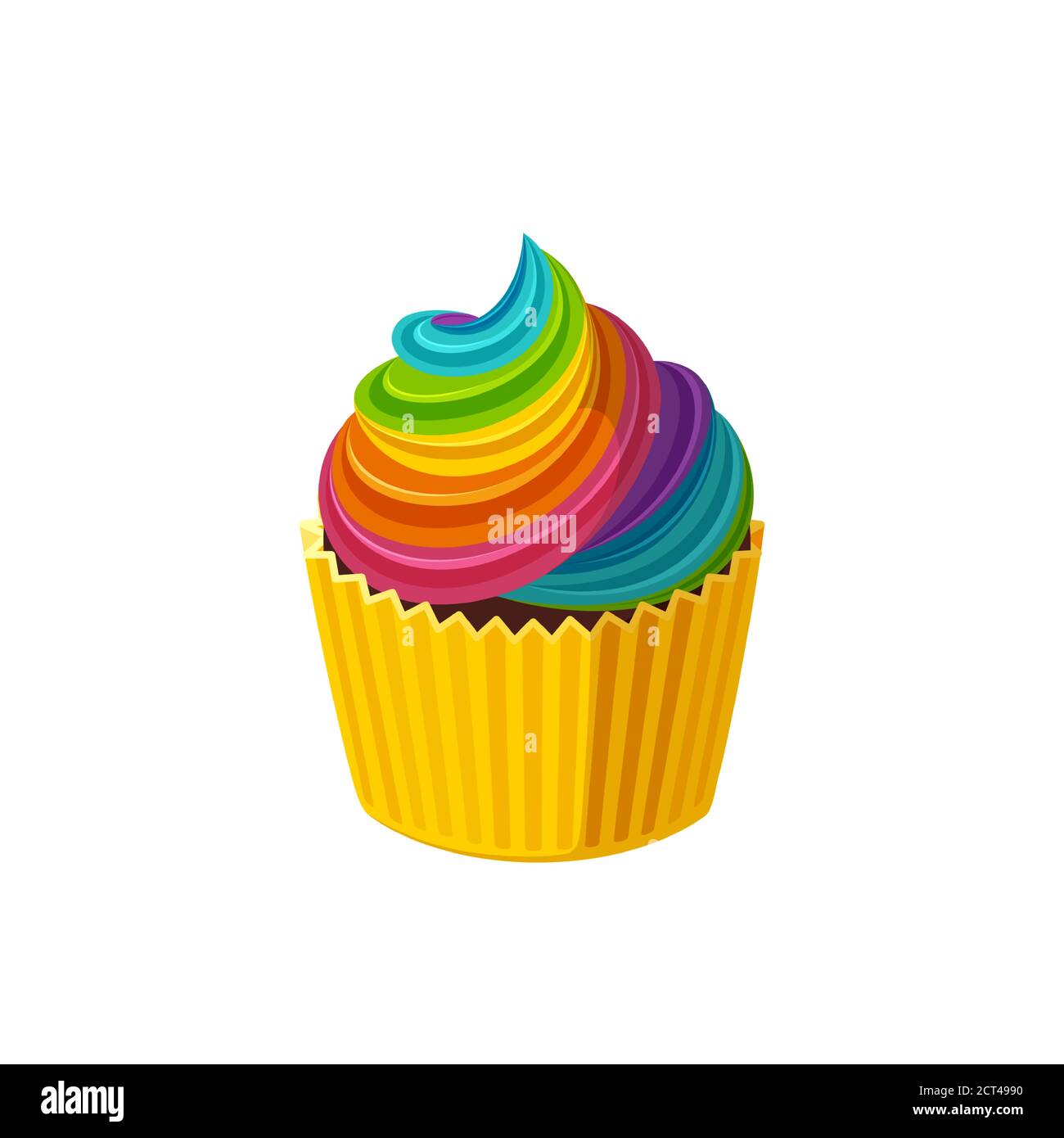 Gâteau arc-en-ciel avec glaçage coloré. Gâteau fée dans une tasse en papier. Dessert savoureux avec glaçage de couleur arc-en-ciel. Illustration vectorielle dans un joli style de dessin animé Illustration de Vecteur