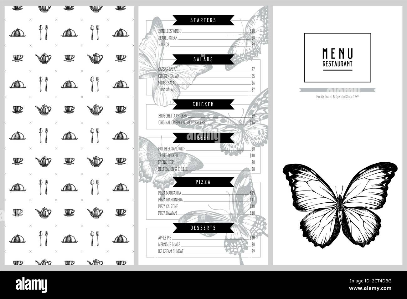 Menu vintage avec pointe orange, queue d'allowtail émeraude, reines de la jungle, tigre Uni, ailes d'oiseaux de rajah brooke, papillio torquatus, queue d'allowtail Illustration de Vecteur