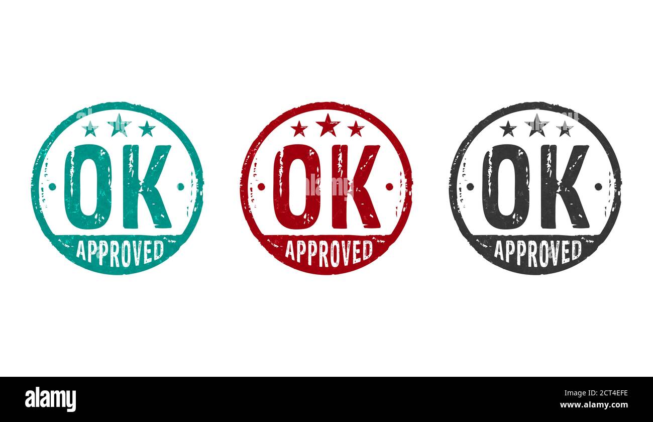 OK icônes de tampon approuvées dans quelques versions de couleur. Concept trouvé, accepté, admis et réussi. Banque D'Images