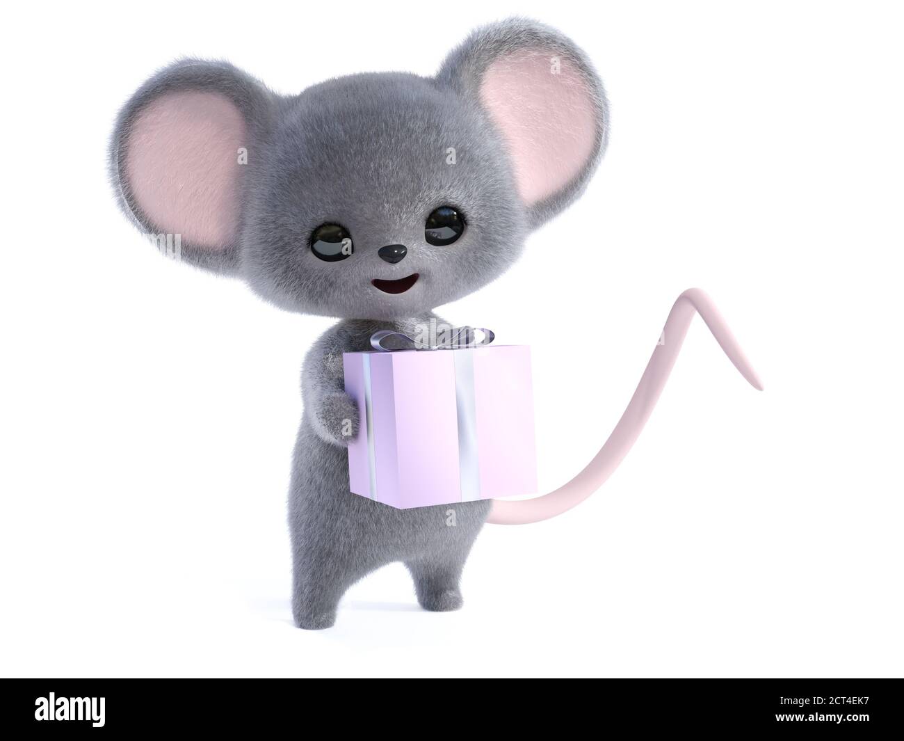Rendu 3D d'une adorable souris à fourrure kawaii souriante tenant un cadeau d'anniversaire enveloppé dans ses mains. Arrière-plan blanc. Banque D'Images
