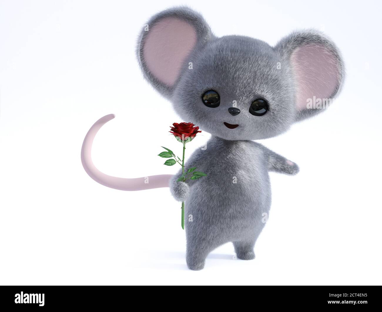 Rendu 3D d'une adorable souris à fourrure kawaii souriante tenant une rose rouge dans sa main, étant romantique, prête pour une date de Saint-Valentin. Banque D'Images