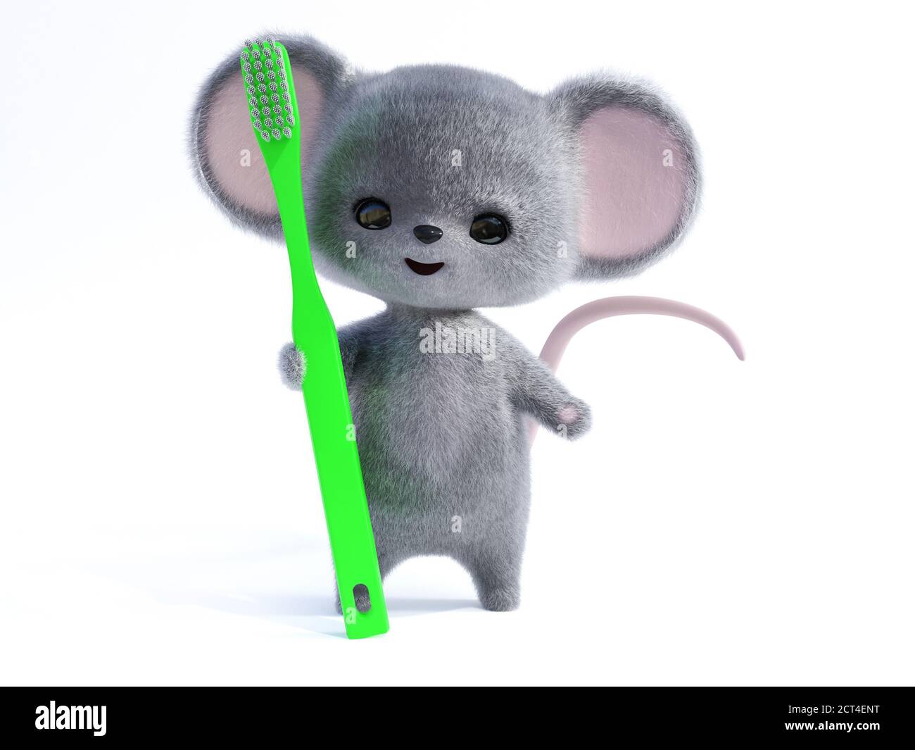 Rendu 3D d'une adorable souris à fourrure kawaii souriante tenant une brosse à dents verte très grande. Prêt à brosser les dents ! Arrière-plan blanc. Banque D'Images