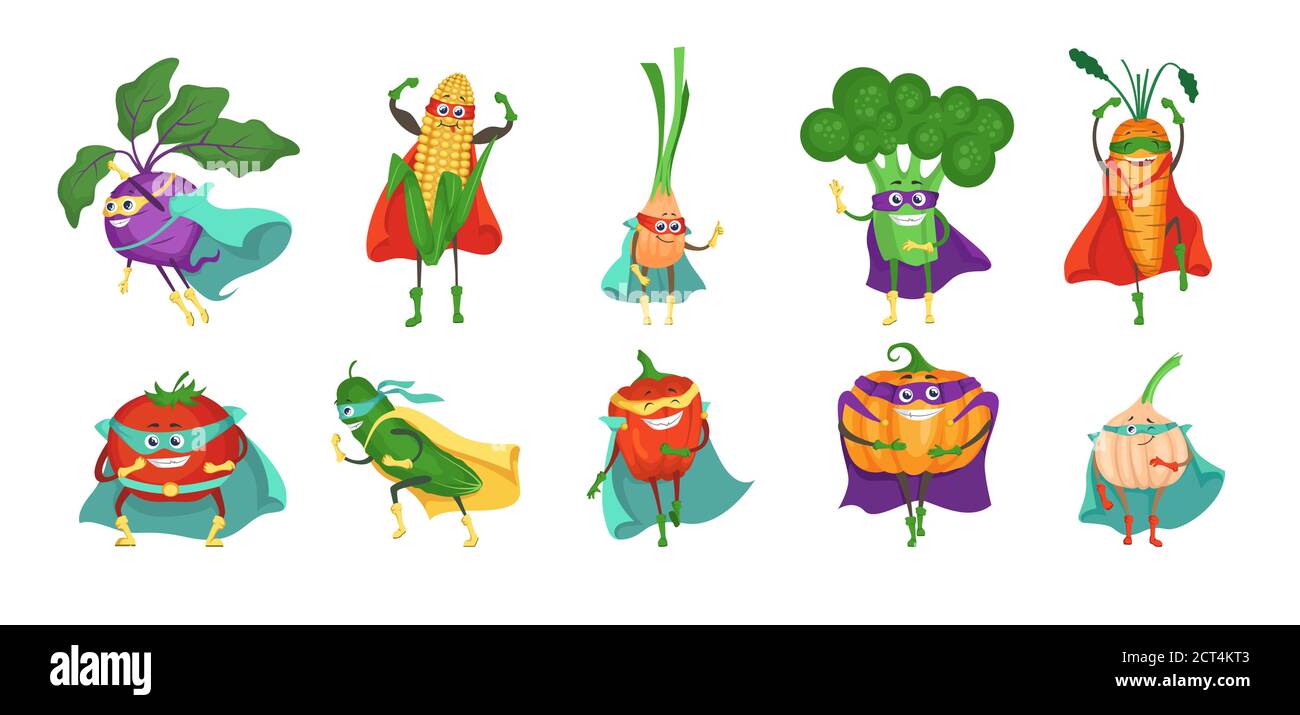 Jeu de caractères de dessin animé de légumes super-héros drôle, illustration isolée à vecteur plat. Illustration de Vecteur