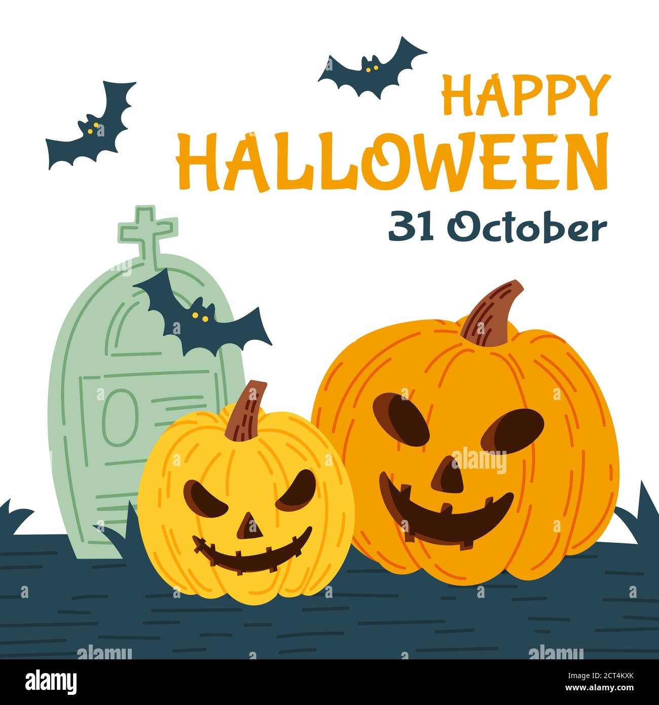 Carte d'invitation de fête d'Halloween pour les vacances. Citrouille et chauves-souris, fantômes. Illustration vectorielle. Illustration de Vecteur