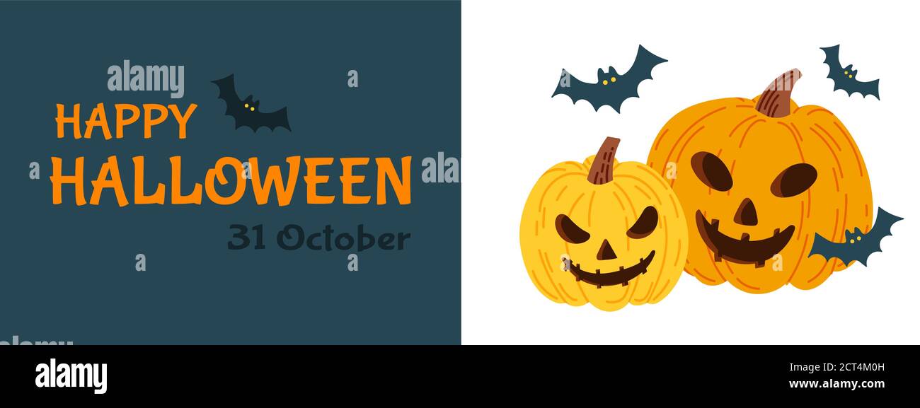Carte d'invitation de fête d'Halloween pour les vacances. Citrouille et chauves-souris, fantômes. Illustration vectorielle. Illustration de Vecteur