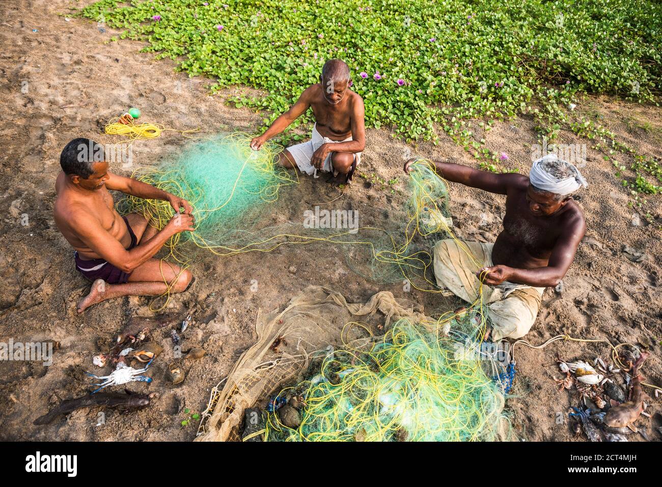 Pêcheurs qui font des filets de pêche à la plage de Kappil, Varkala, Kerala, Inde Banque D'Images