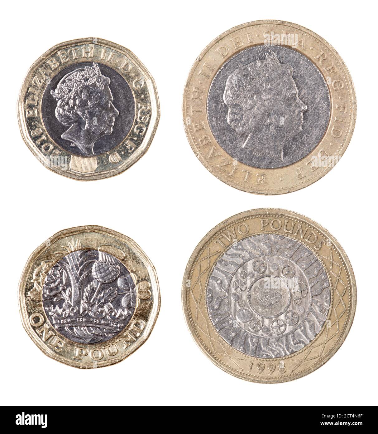 Les deux côtés obverse et inverse de l'un britannique et Deux pièces de monnaie de livre isolées sur un fond blanc Banque D'Images