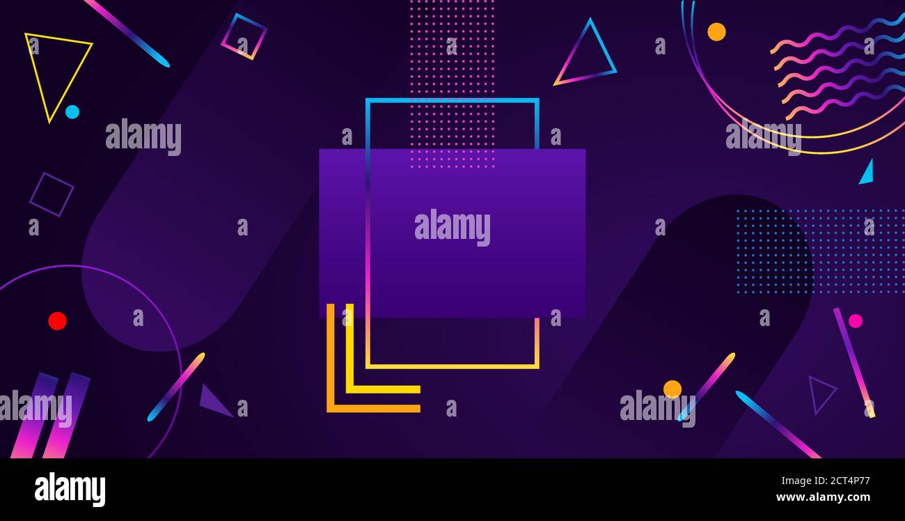 Arrière-plan abstrait dans un style futuriste moderne. Cadre aux formes géométriques chaotiques. Cercles et rayures arc-en-ciel sur fond sombre. Illustration de Vecteur