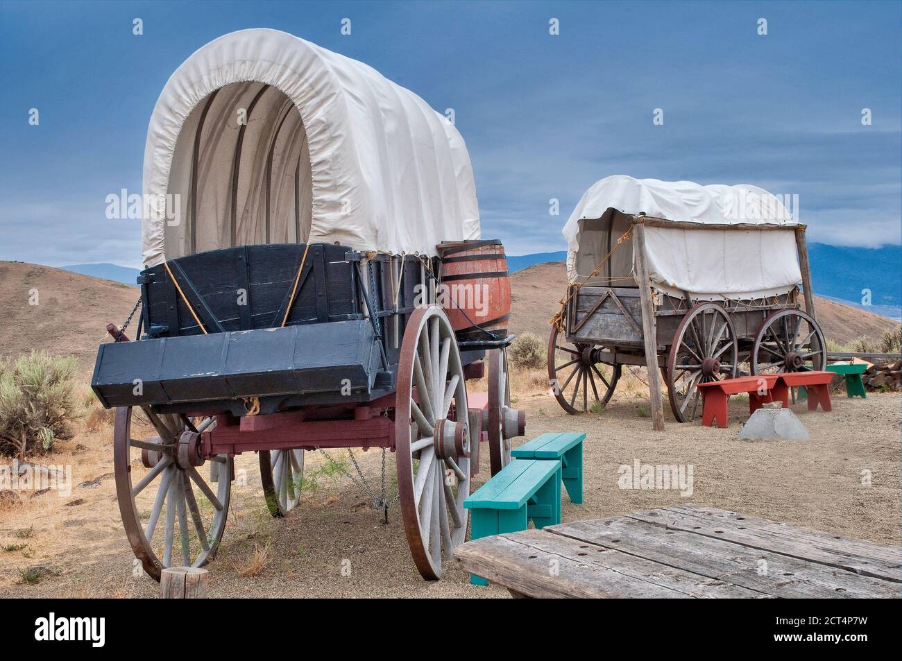 Campement de wagons au centre d'interprétation du sentier de l'Oregon, près de Baker City, Oregon, États-Unis Banque D'Images